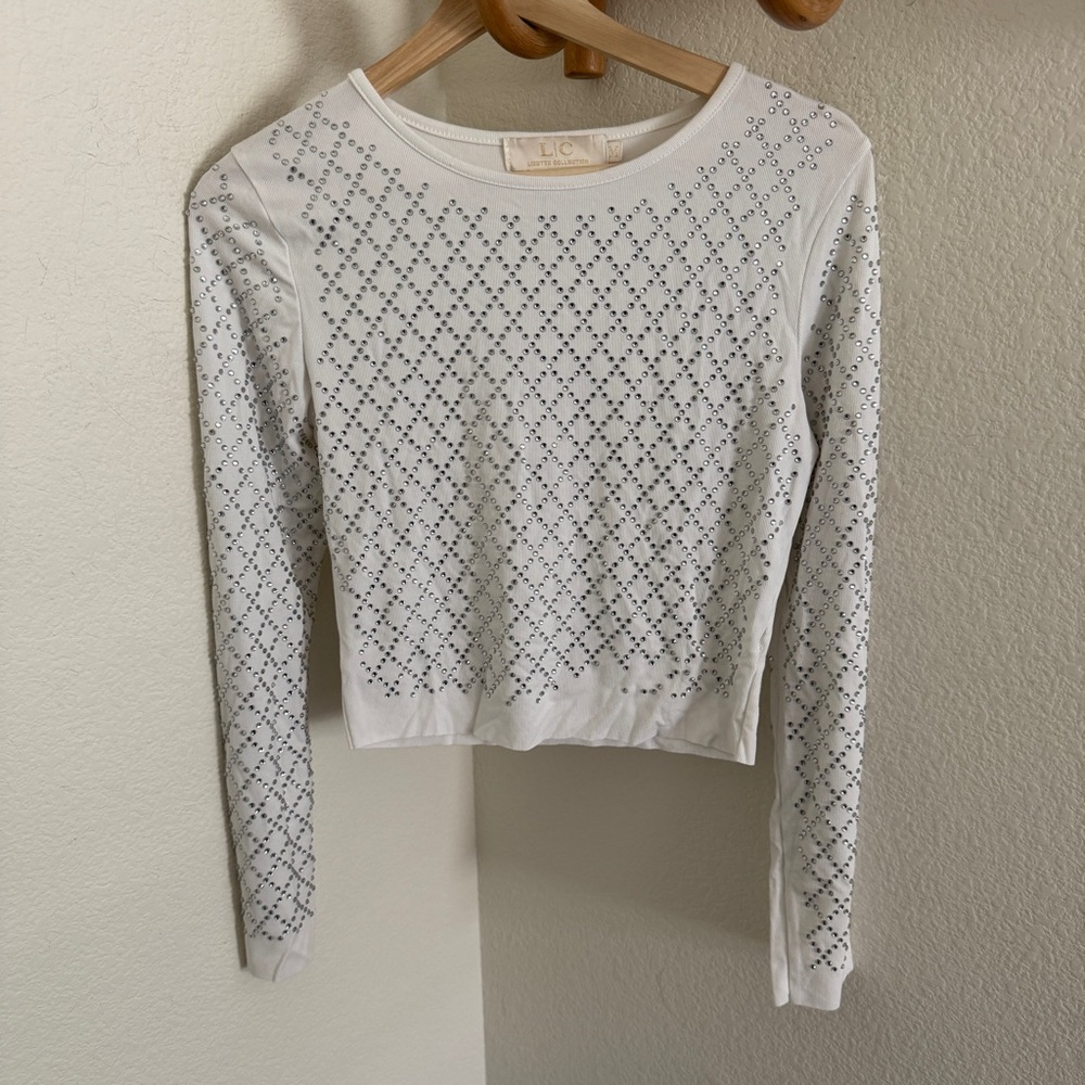 Lizette Collection white Cropped Crystal Embellished Top  Long Sleeve size M
